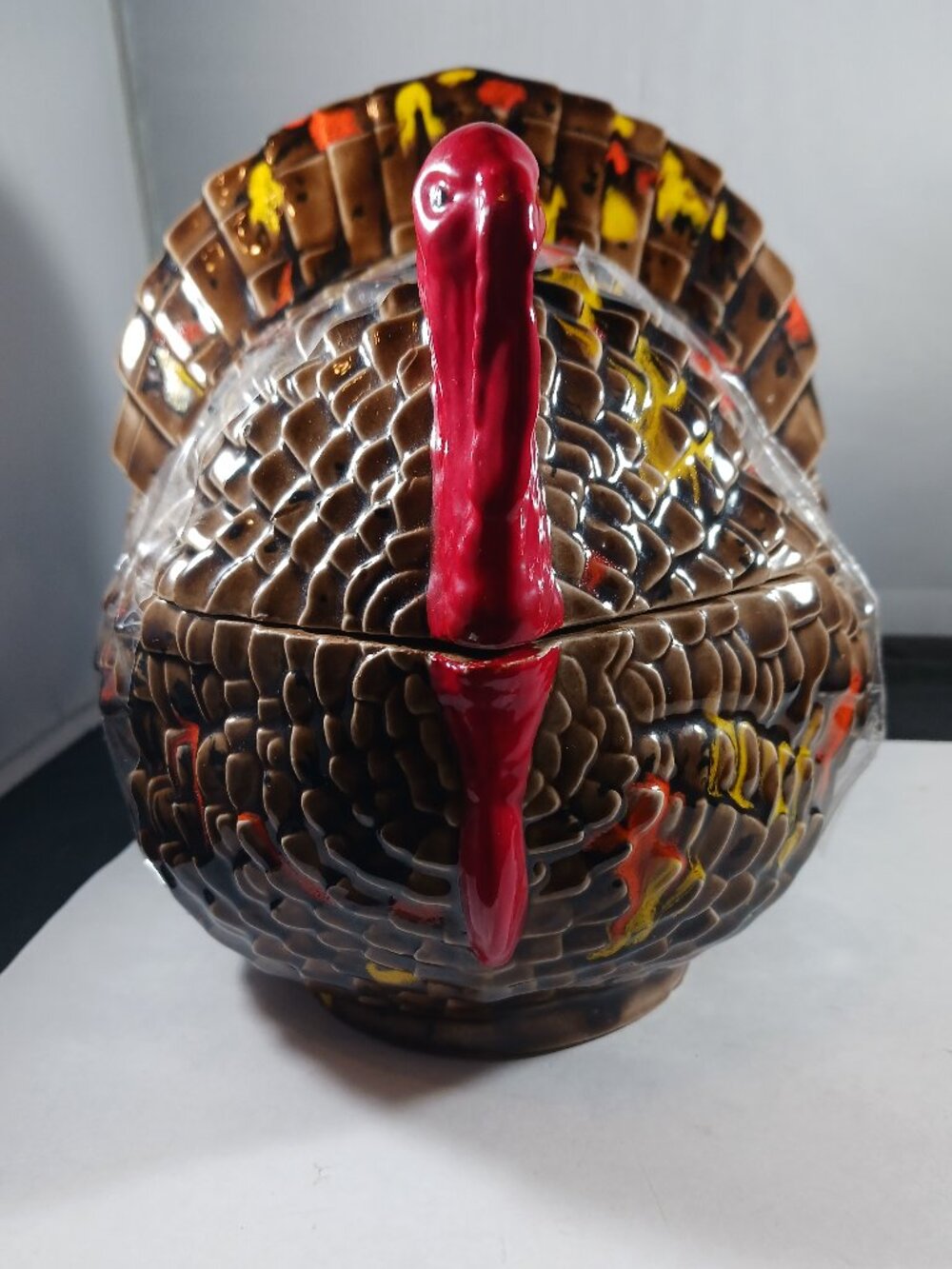 Vintage Ceramic Turkey Thanksgiving Candy Jar Decor Brown With Orange Yellow